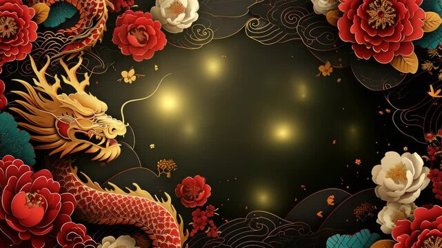 Chinese New Year Dragon and Pink Rose Floral Background