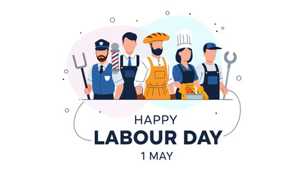 Fototapeta premium Labour Day Celebration: A vibrant and diverse group of workers, representing various trades and professions, stand united in celebration of Labour Day, a tribute to their dedication and contributions.