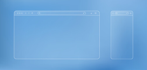 Browser template set in liquid glass style for mobile, laptop and computer. Window screen with navigation arrow, menu icon and search line, vector illustration for desktop and smartphone.