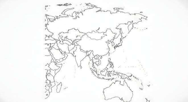 Minimal line drawing map of Asia and Oceania.