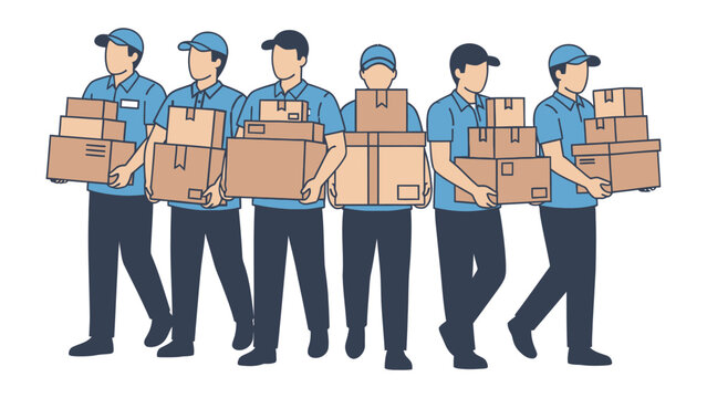 Delivery Team: A group of delivery personnel, each with a stack of packages, walk, showcasing the efficiency and reliability of the delivery service.