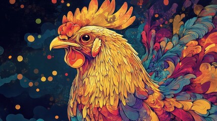 Fototapeta premium Colorful rooster portrait, vibrant feathers, artistic style.