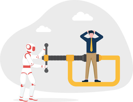 Robot using a mechanical clamp on a stressed businessman representing digital takeover