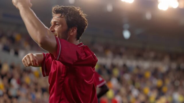 A football player wearing a red jersey shows excitement after scoring a goal. Other players celebrate alongside him in a packed stadium under bright stadium lights. It is a night match.