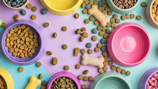 Colorful pet food bowls arranged on a table with various types of dog treats and kibble