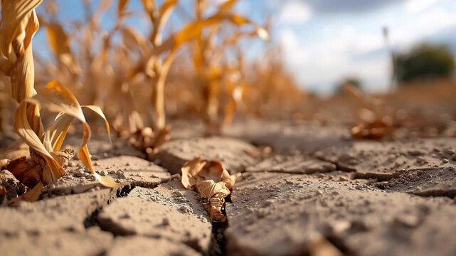 Corn plants stand lifeless amidst parched soil. The landscape shows signs of drought with cracked earth and wilting crops. This scene reflects the struggles farmers face during fall.