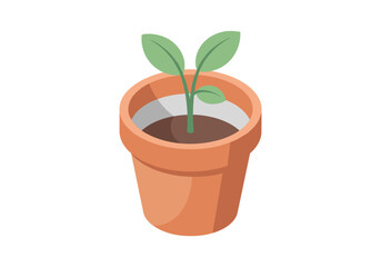 Obraz premium Small green seedling growing in a terracotta pot with dark soil