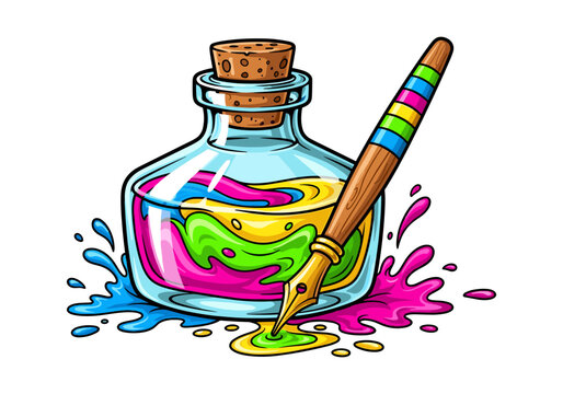 Colorful ink bottle with fountain pen and splashes of paint