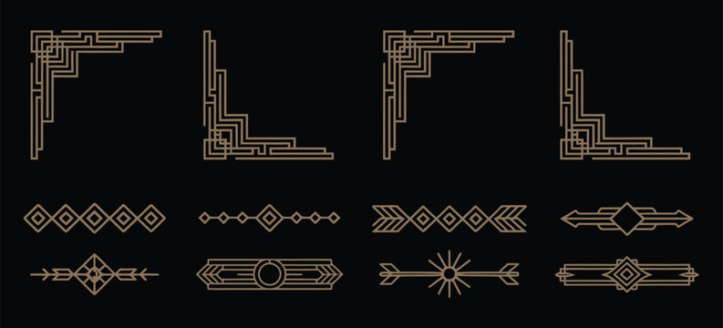 Art Deco line gold frames set, elegant vintage geometric borders with gold line style, luxury decorative frame collection for invitations, branding, packaging and premium design projects, clean vector