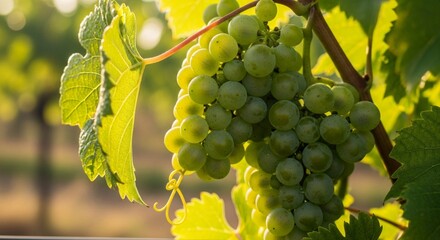 Fototapeta premium A Vibrant Cluster of Green Grapes, Still on the Vine, Gently Swaying in a Soft Breeze