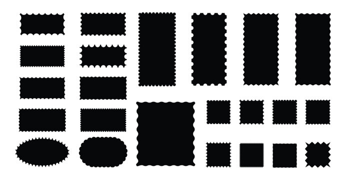 Set of wavy zigzag edge frames. Black post stamp frames and borders. Decorative banners and labels set for mail, postcard, letter, note. Vector zigzag objects for badge, sticker, photo, frame. 