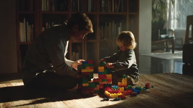 Building Blocks of a Bond: A tender moment unfolds as a parent and child engage in a collaborative play session, fostering connection and creativity through building blocks.
