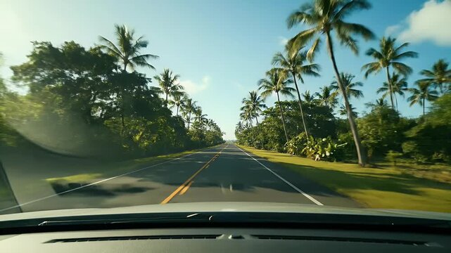 Driving down a road lined with palm trees and lush green foliage