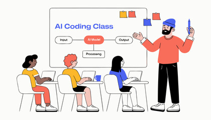 Naklejka premium Senior Man Teaching AI Coding Class Simple 2D Vector Illustration of Elderly Professor Explaining Artificial Intelligence Algorithms