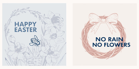 Naklejka premium Two spring themed illustrations easter greetings and a floral wreath