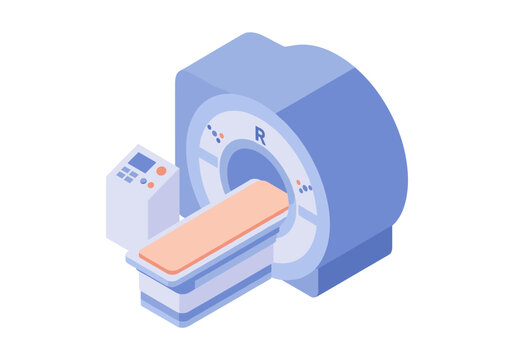 Modern MRI scanner with patient bed and control panel in isometric view