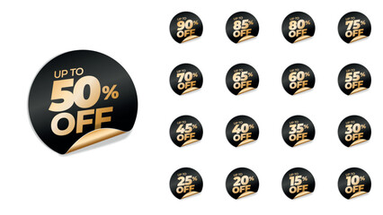 Black and gold discount sticker set with percentage sale labels, premium promotion vector collection with 90, 85, 80, 75, 70, 65, 60, 55, 50, 45, 40, 35, 30, 25, 20, 15, and 10% off.