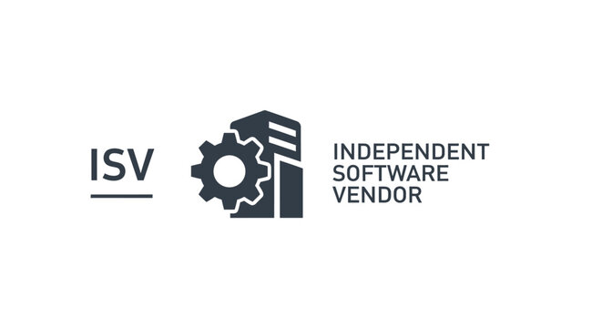 ISV (Independent Software Vendor) minimalist logo design with gear and server building icons.