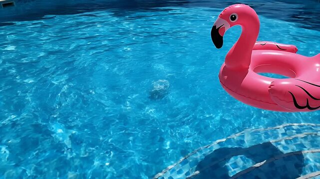 A bright pink inflatable flamingo floats on the surface of a sparkling blue swimming pool (1)