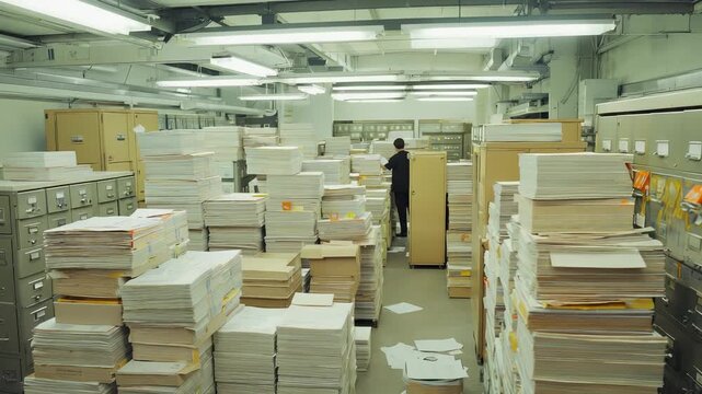 Archivist Examining Stacked Documents in Vintage Office, Records Management, Historical Data, Research, and Organization.