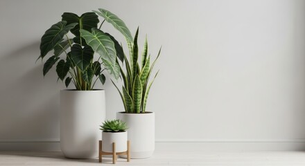 Fototapeta premium three potted plants on a white floor with white wall background