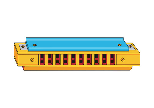 Simple illustration of a blues harmonica with a blue cover plate and gold body