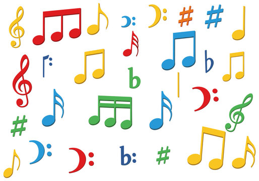 Colorful collection of musical notes and symbols on a white background