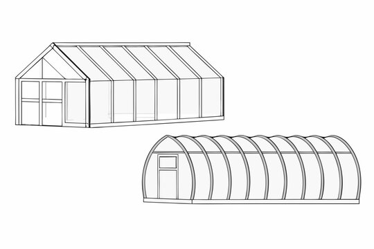 Line drawing of two greenhouse structures one gable and one quonset