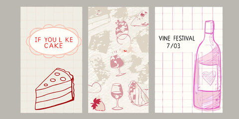 Three decorative banner designs featuring cake wine and festival themes © Barsha