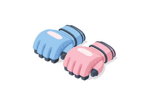 Pair of colorful MMA gloves, one pink and one blue, isolated on white background