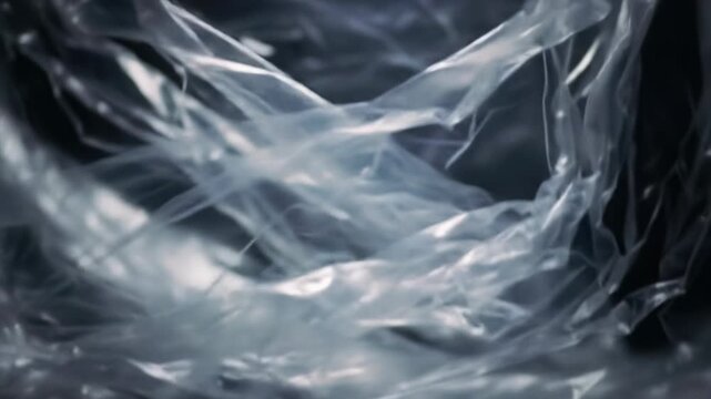 Extreme close-up of highly crumpled clear plastic film with dramatic shadows, slowly revealing intricate patterns as light shifts. Concept of insight and strategic innovation