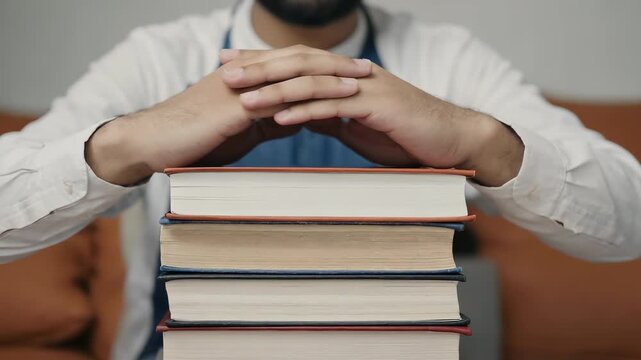 Man Holding Stack of Books, Relaxed Pose, Reading, Education, Leisure, Home, Library, Study, Bookworm, Lifestyle, Indoor