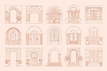 Fototapeta premium Collection of vintage architectural door and archway line drawings