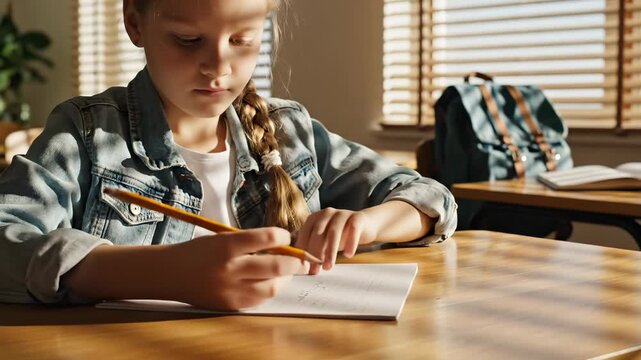 Girl writes homework in notebook at classroom desk with sunlight. Student doing schoolwork with pencil at table. Girl studies writing in notebook. Student writes homework at desk in classroom.