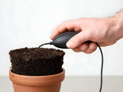 Hand holding soil moisture meter probe into potting soil, close up of sensor measuring moisture in plant pot