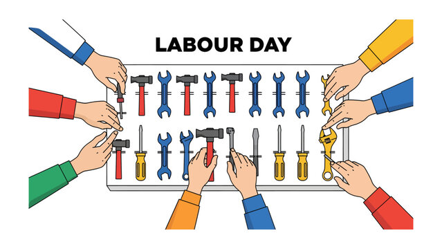 Labor Day Celebration: A collective of hands surrounds and interacts with the essential tools of labor, presented in a neatly arranged display.