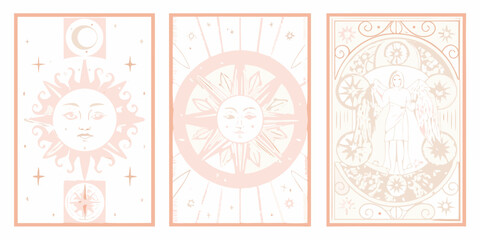 Naklejka premium A triptych of pastel tarot cards featuring celestial and sun imagery