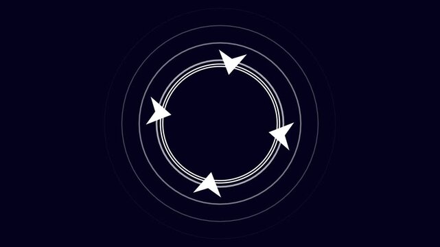 Circular design with four stylized arrows and stars forming a loop on dark background
