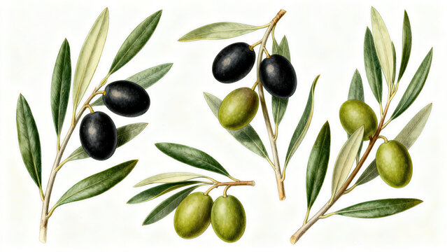 Vintage vegetable botanical illustration set featuring black and green olives for wellness marketing
