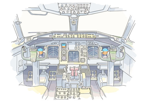 Modern airplane cockpit interior with flight instruments and control yoke