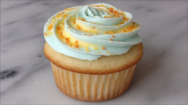 Commercial food photography, a cupcake with blue frosting and colorful sprinkles on a white marble surface. High-resolution capture with Nikon Z6 II f/2 lens, sharp details with vibrant colors.