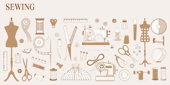 A collection of sewing tools and equipment in a vintage style