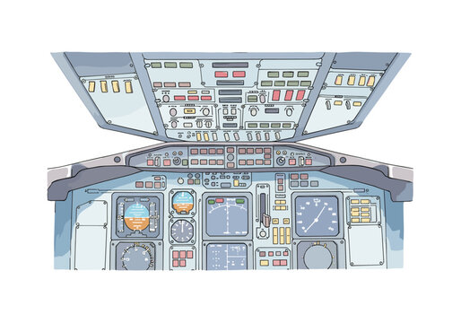 Detailed illustration of a modern aircraft cockpit with numerous instruments and controls