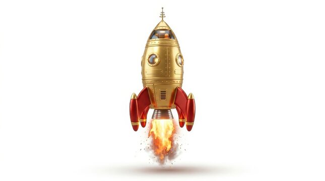 A gleaming golden retro rocket ship launching with fiery exhaust against a clean white background, symbolizing space exploration and innovation.