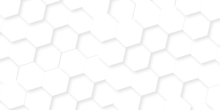 Minimal white hexagonal hexagon technology creative emboss light honeycomb polygonal web. abstract geometric science and mosaic tile with template texture background.
