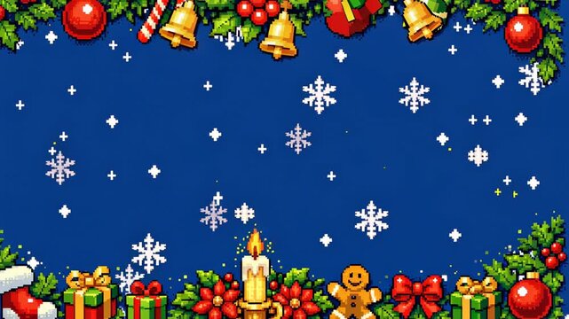 Christmas festive border with gifts candle gingerbread and decoration on blue background winter holiday