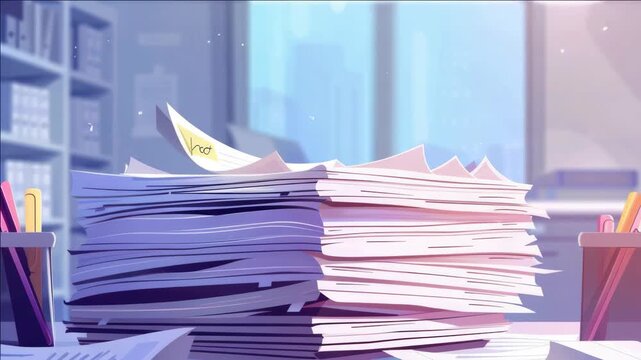 Office desk with stacks of paperwork