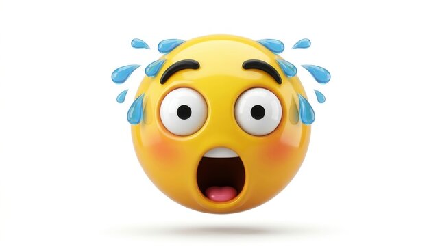 A shocked and scared yellow emoji face with wide eyes and open mouth, sweating profusely against a clean white background.