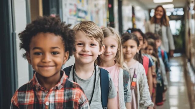 School Children's Line: A diverse group of children, filled with anticipation and joy, stand in a line. A warm and inspiring educational environment.