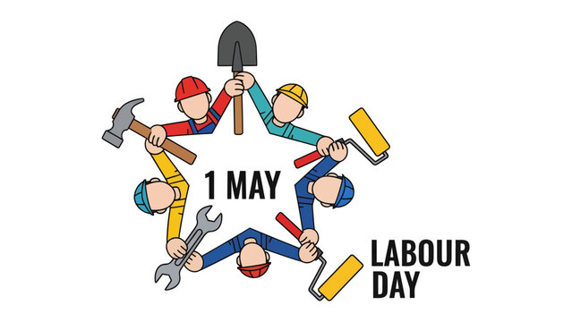 Labour Day Celebration: A graphic representation of several workers holding different tools in a star shape. Illustrating the spirit of Labour Day and honoring workers.